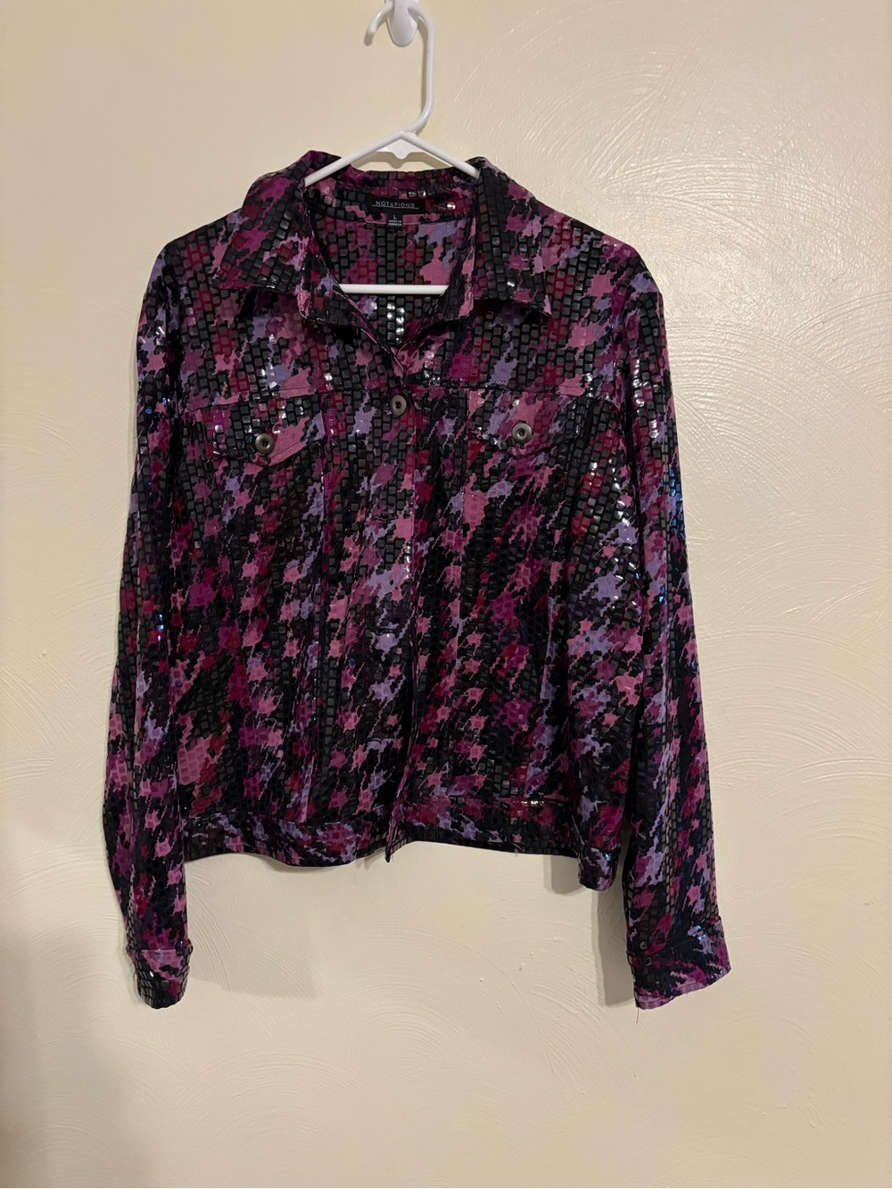 Notations Purple and Black Sequin Houndstooth Button-Down Jacket
